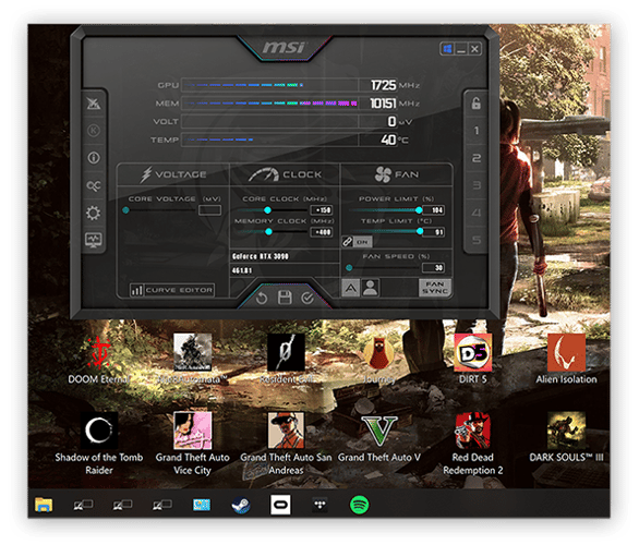 A GPU overclock as displayed in MSI Afterburner in Windows 10